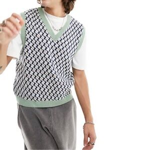 ASOS Design MENS Knit Geometric Printed V-Neck Vest Green Size 2XL